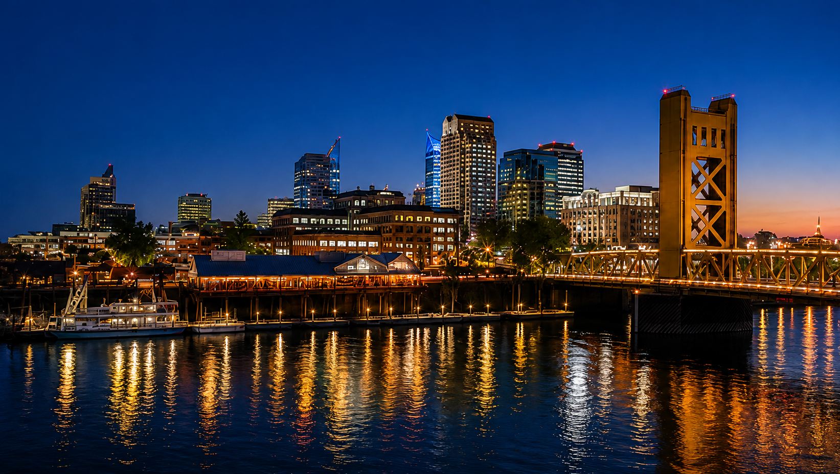 Tower Bridge and the Sacramento skyline reflected in the river at night